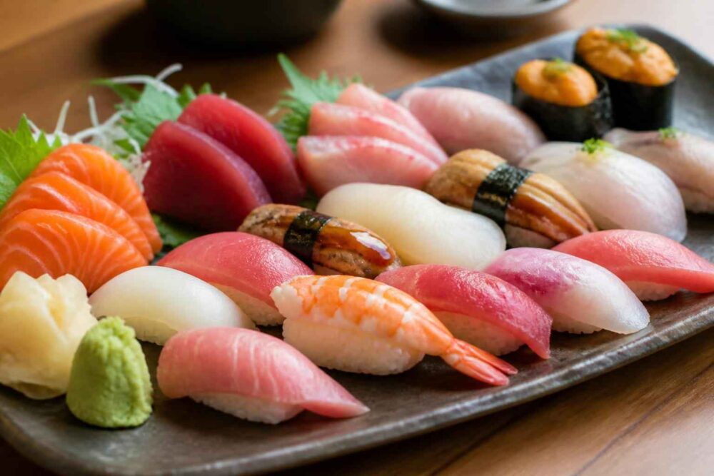 Różnorodne nigiri i sashimi z łososiem, tuńczykiem, krewetką i wasabi na ceramicznym półmisku