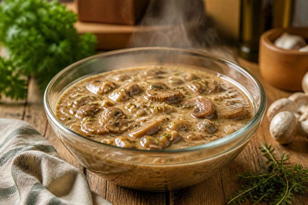 Kremowa zupa grzybowa z kawałkami grzybów w szklanej misce na drewnianym stole