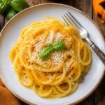 Spaghetti w kremowym sosie dyniowym z parmezanem i świeżą bazylią na talerzu