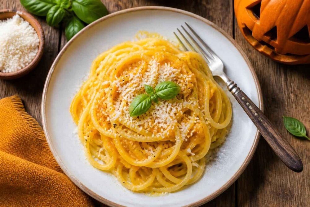 Spaghetti w kremowym sosie dyniowym z parmezanem i świeżą bazylią na talerzu