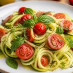 Makaron z cukinii z pomidorkami koktajlowymi, pesto i świeżą bazylią na talerzu