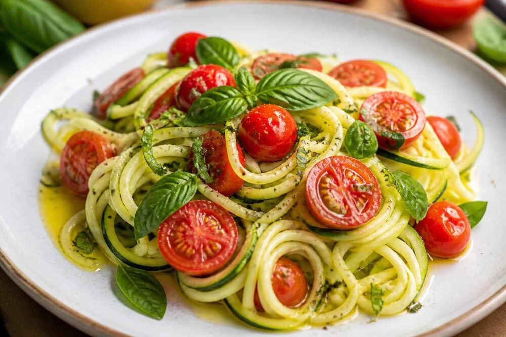 Makaron z cukinii z pomidorkami koktajlowymi, pesto i świeżą bazylią na talerzu