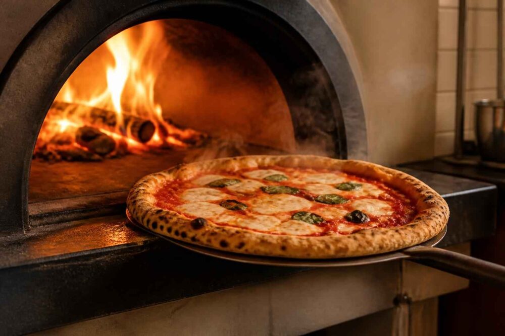 Pizza margherita z mozzarellą i bazylią wyjmowana z rozgrzanego pieca opalanego drewnem