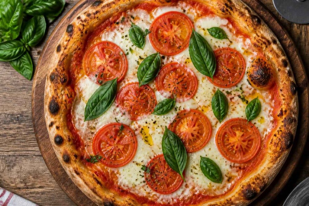 Pizza Margherita z pomidorami, mozzarellą i świeżymi liśćmi bazylii na drewnianym stole