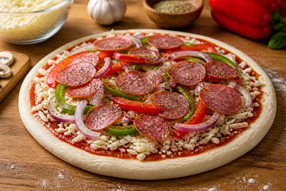 Surowa pizza z salami, papryką, cebulą i serem na drewnianym blacie