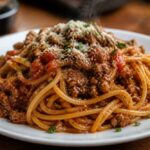 Talerz spaghetti z sosem bolońskim, mięsem mielonym, parmezanem i natką pietruszki