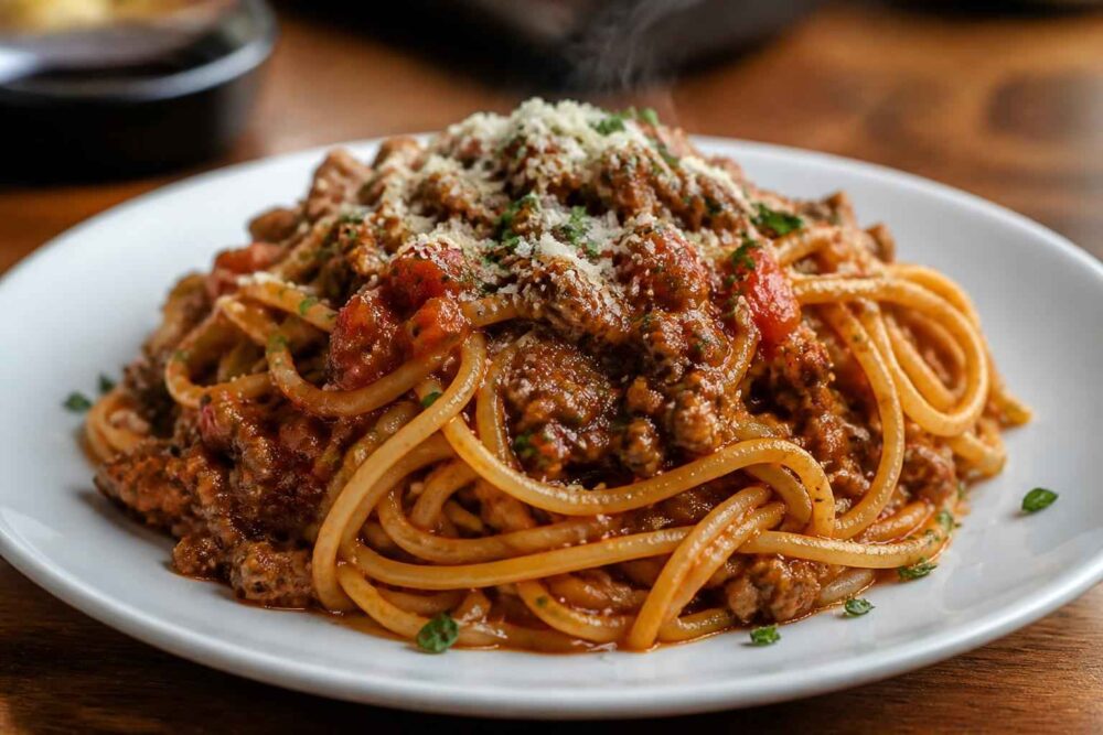 Talerz spaghetti z sosem bolońskim, mięsem mielonym, parmezanem i natką pietruszki