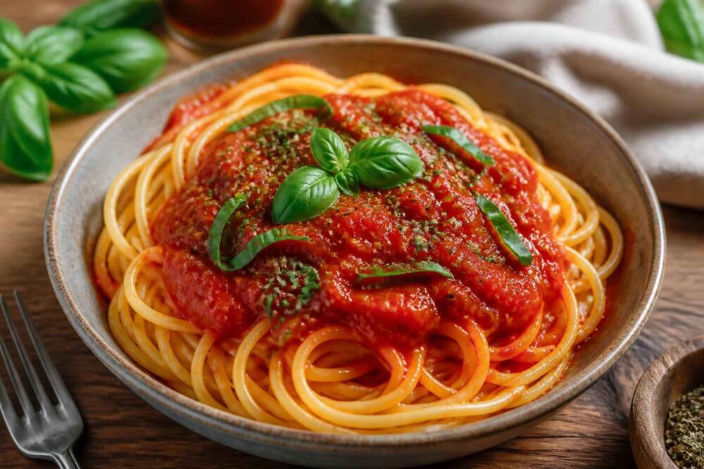 Spaghetti oblane sosem pomidorowym, udekorowane świeżą bazylią i ziołami