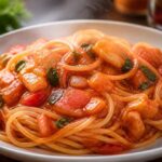 Spaghetti w sosie pomidorowym z pomidorami, papryką, cebulą i świeżymi ziołami na talerzu