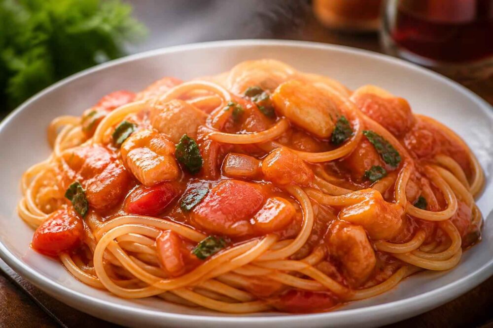 Spaghetti w sosie pomidorowym z pomidorami, papryką, cebulą i świeżymi ziołami na talerzu