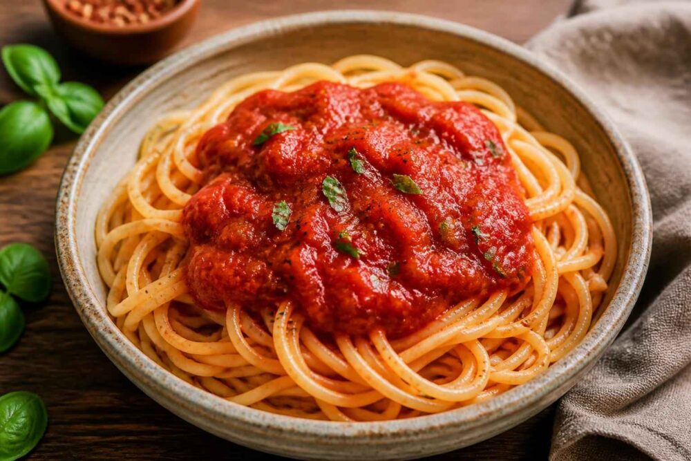 Spaghetti z klopsikami i sosem pomidorowym, udekorowane świeżą bazylią