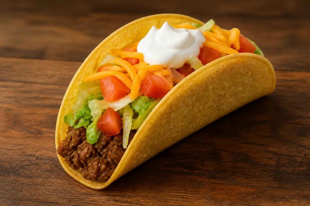 Chrupiące taco z mielonym mięsem, sałatą, pomidorem, serem, warzywami i kwaśną śmietaną