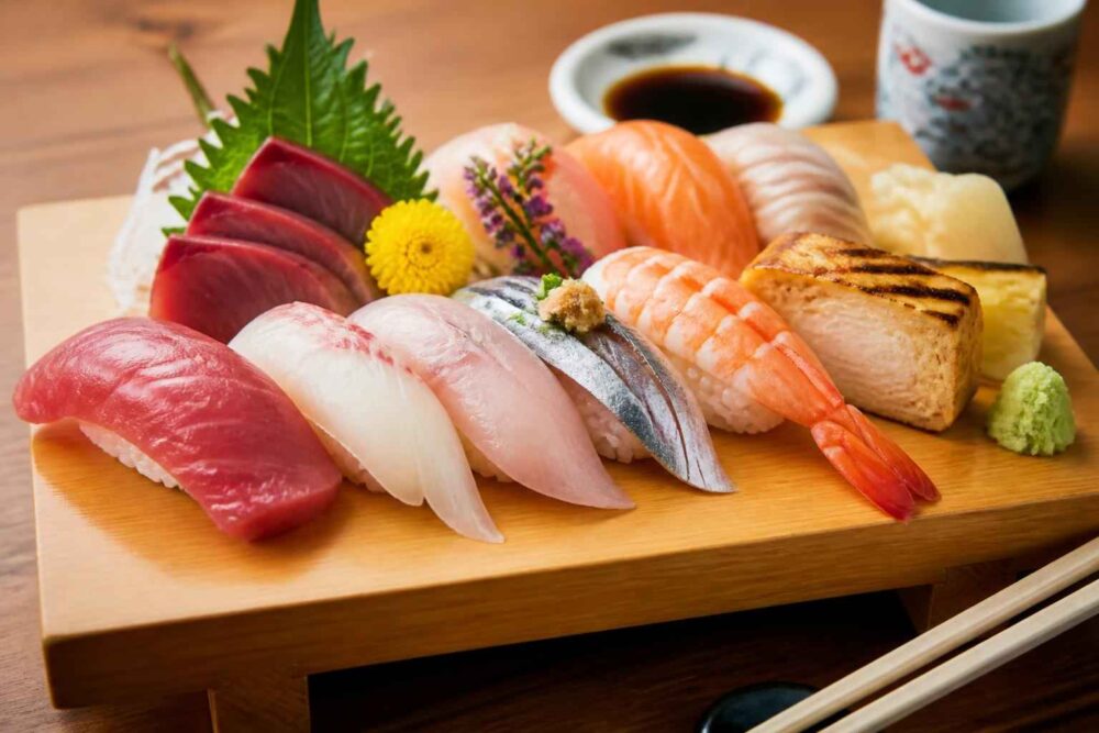 Różnorodne sushi i sashimi z łososiem, tuńczykiem, krewetką i dodatkami na drewnianej tacy