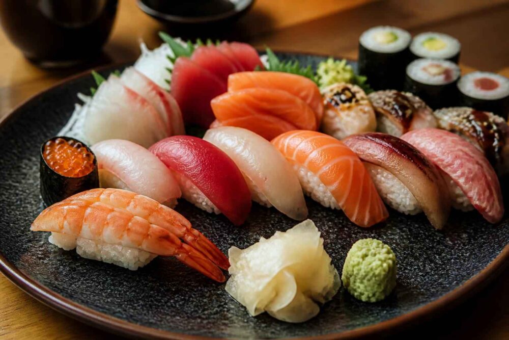 Różnorodne sushi z łososiem, krewetką, tuńczykiem i dodatkami na czarnym talerzu