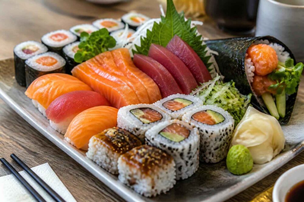 Talerz z różnorodnym sushi, sashimi z łososia i tuńczyka, wasabi oraz imbirem marynowanym